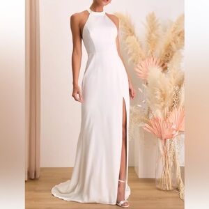 Lulus Radiant Adoration White Satin Lace Backless Halter Maxi Dress size S‎ NWT